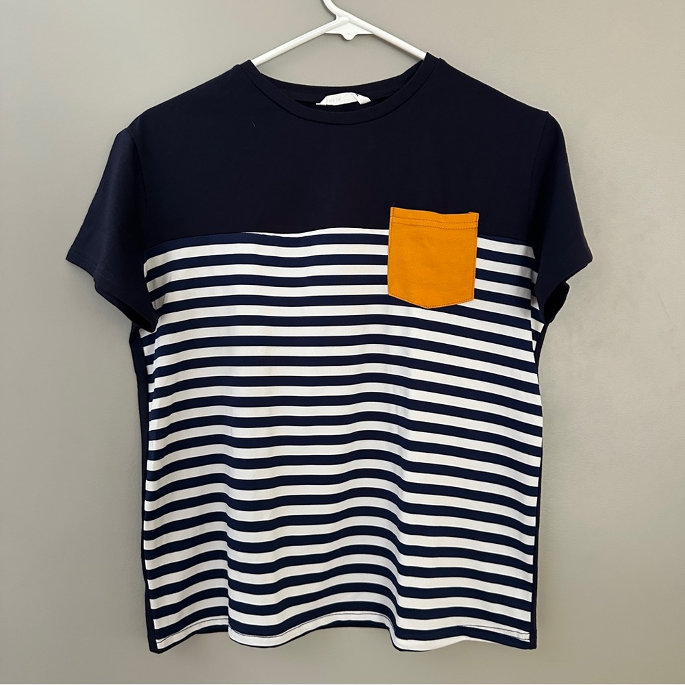 Shein Boys 11/12 navy blue and white Striped Short Sleeve Pocket T-shirt